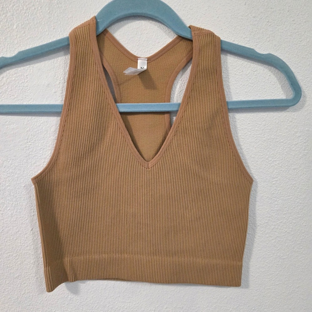 Zenana Ribbed V-Neck Racerback Crop Tank Top Camel Brown L/XL NT-54014A
